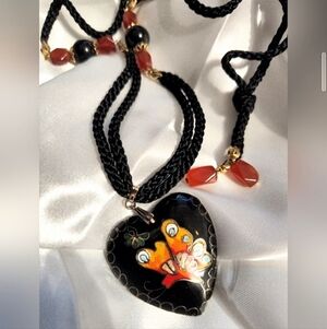 Cloisonne Black Puffy Orange Butterfly Necklace On A  Black Cord With Stones